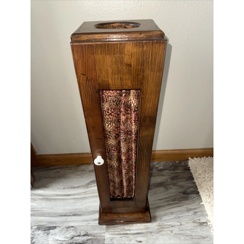Vintage Farmhouse Cottage Wood Toilet Paper Cabinet Tissue Holder Curtain Front